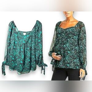 ISABEL MATERNITY M NWT Smocked Semi Sheer Floral Blouse Top Kelly Green & Black